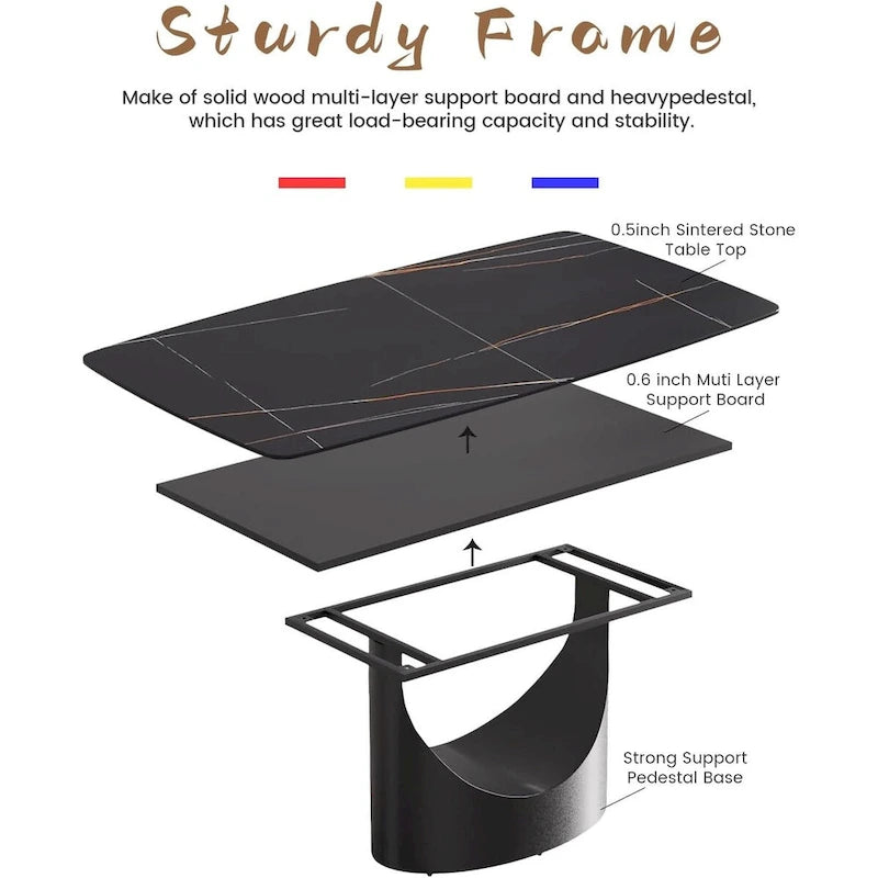 71  Black Marble Sintered Stone Table Top,Rectangle Dining Room Table with Unique U-Shape Black Carbon Steel Pedestal