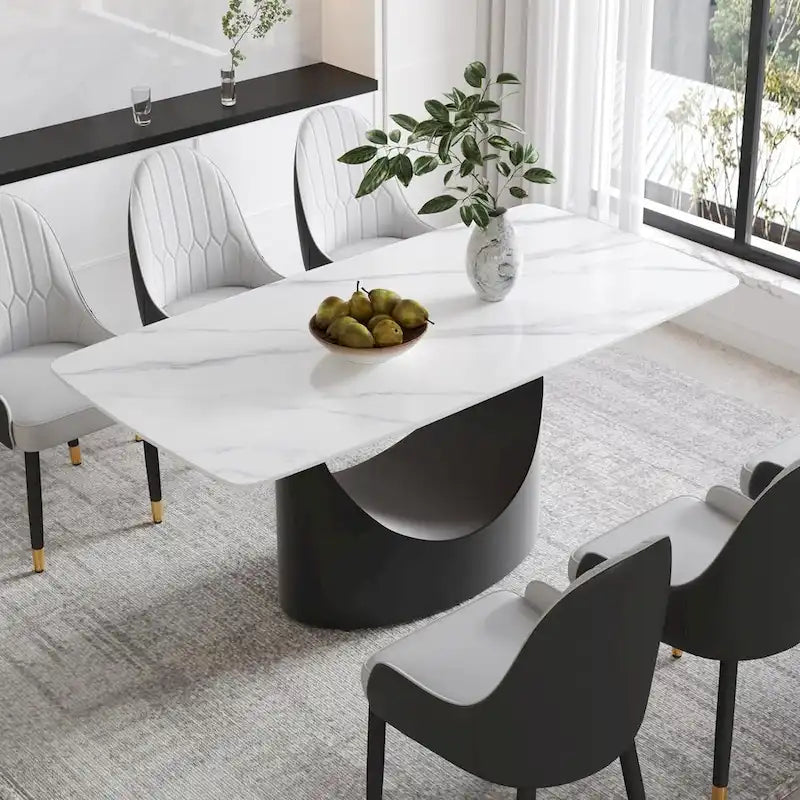 71  Black Marble Sintered Stone Table Top,Rectangle Dining Room Table with Unique U-Shape Black Carbon Steel Pedestal