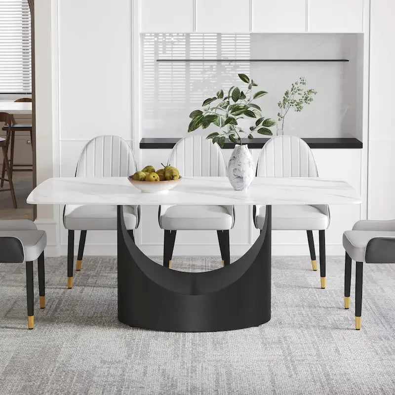 71  Black Marble Sintered Stone Table Top,Rectangle Dining Room Table with Unique U-Shape Black Carbon Steel Pedestal