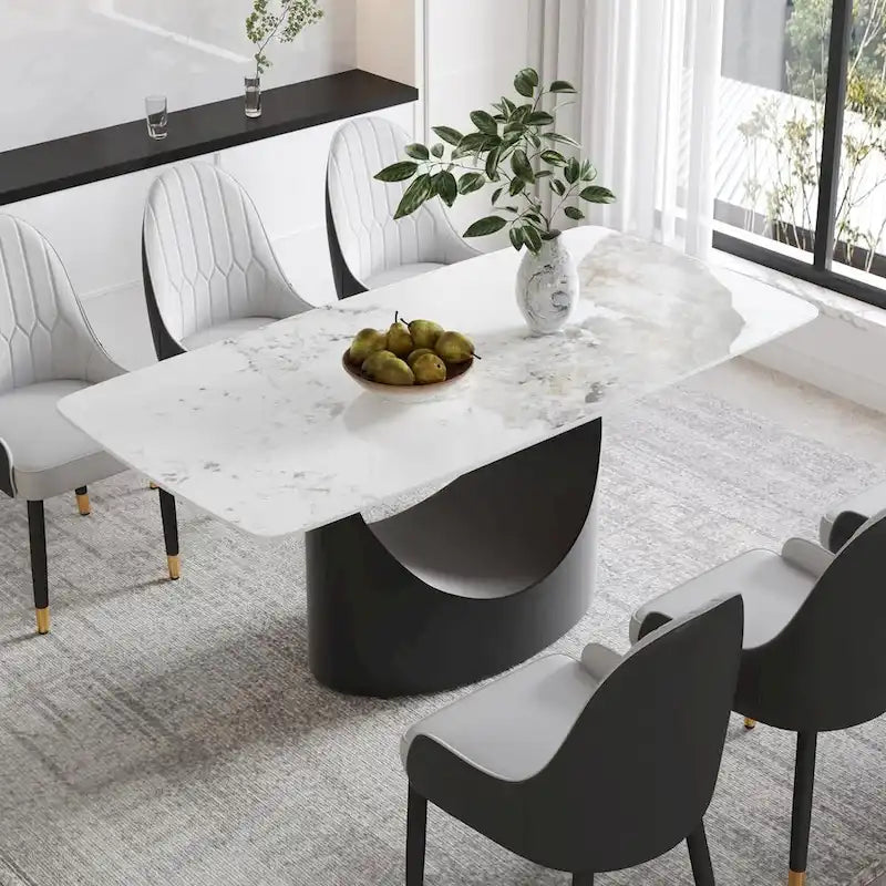 71  Black Marble Sintered Stone Table Top,Rectangle Dining Room Table with Unique U-Shape Black Carbon Steel Pedestal