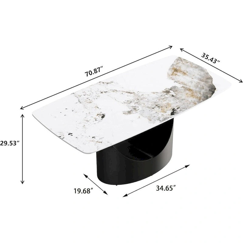 71  Black Marble Sintered Stone Table Top,Rectangle Dining Room Table with Unique U-Shape Black Carbon Steel Pedestal