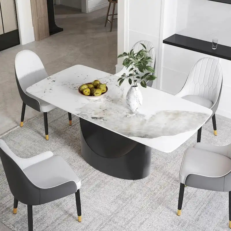 71  Black Marble Sintered Stone Table Top,Rectangle Dining Room Table with Unique U-Shape Black Carbon Steel Pedestal
