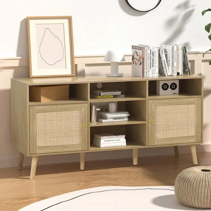 Anmytek Modern Rattan Wood TV Stand Console Table Entertainment Centers for TVs up to 65  - 59 