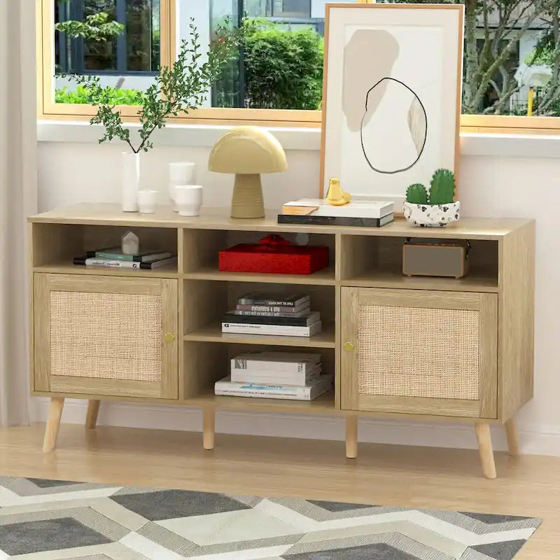 Anmytek Modern Rattan Wood TV Stand Console Table Entertainment Centers for TVs up to 65  - 59