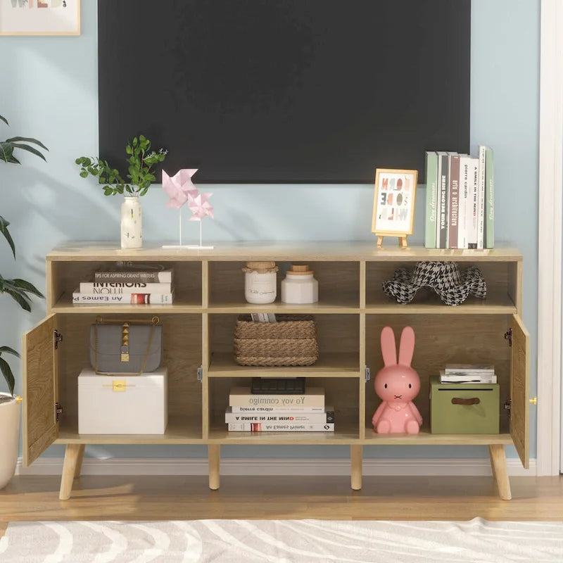 Anmytek Modern Rattan Wood TV Stand Console Table Entertainment Centers for TVs up to 65  - 59
