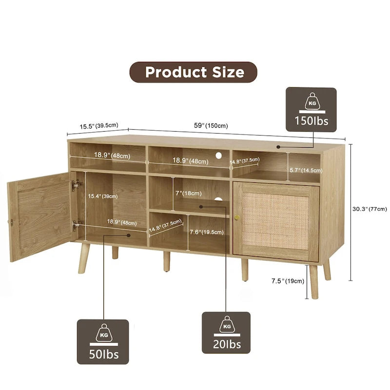 Anmytek Modern Rattan Wood TV Stand Console Table Entertainment Centers for TVs up to 65  - 59