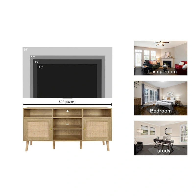 Anmytek Modern Rattan Wood TV Stand Console Table Entertainment Centers for TVs up to 65  - 59