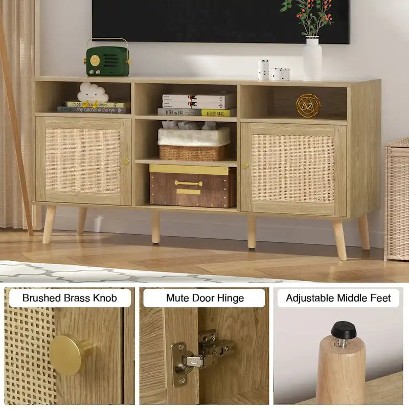 Anmytek Modern Rattan Wood TV Stand Console Table Entertainment Centers for TVs up to 65  - 59