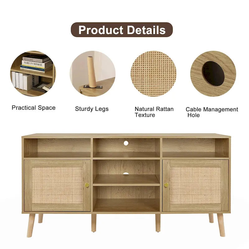 Anmytek Modern Rattan Wood TV Stand Console Table Entertainment Centers for TVs up to 65  - 59