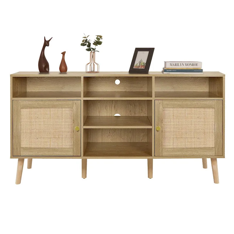 Anmytek Modern Rattan Wood TV Stand Console Table Entertainment Centers for TVs up to 65  - 59
