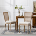 Solid Wood Frame Antique Painting Square Rattan Back Dining Chair Set of 2