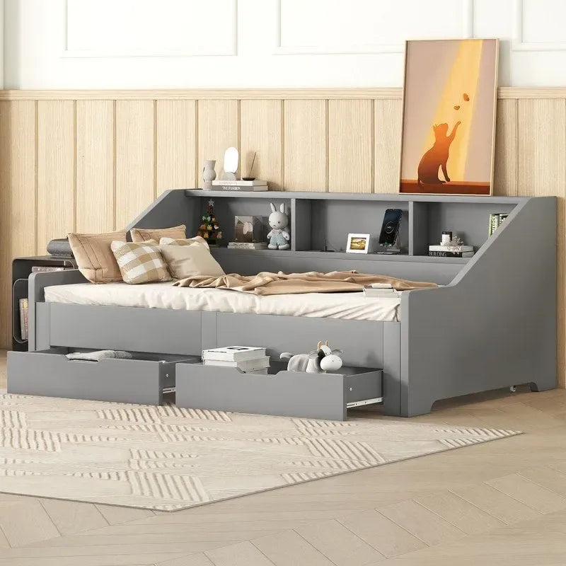 Twin to King Size Daybed Frame with Storage Bookcases and Two Drawers,Charging Design