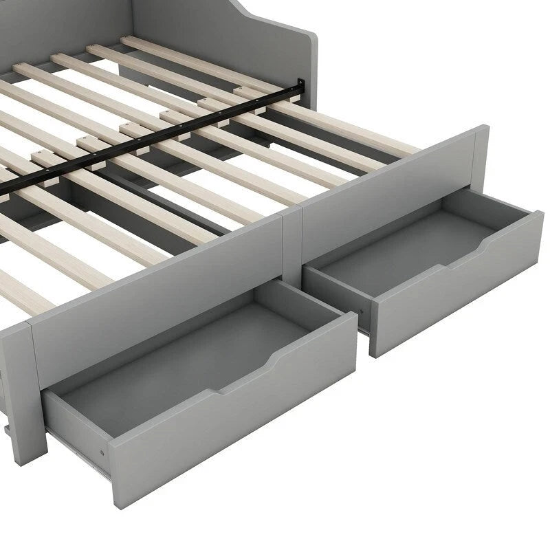 Twin to King Size Daybed Frame with Storage Bookcases and Two Drawers,Charging Design