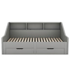 Twin to King Size Daybed Frame with Storage Bookcases and Two Drawers,Charging Design