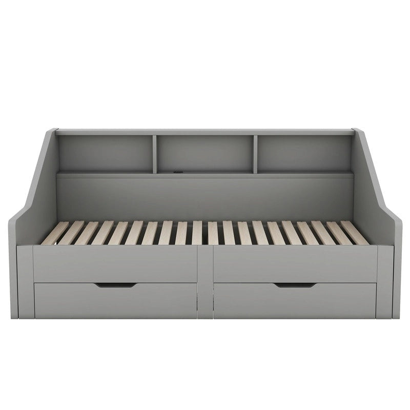 Twin to King Size Daybed Frame with Storage Bookcases and Two Drawers,Charging Design