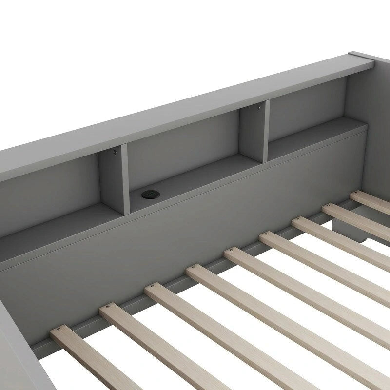 Twin to King Size Daybed Frame with Storage Bookcases and Two Drawers,Charging Design