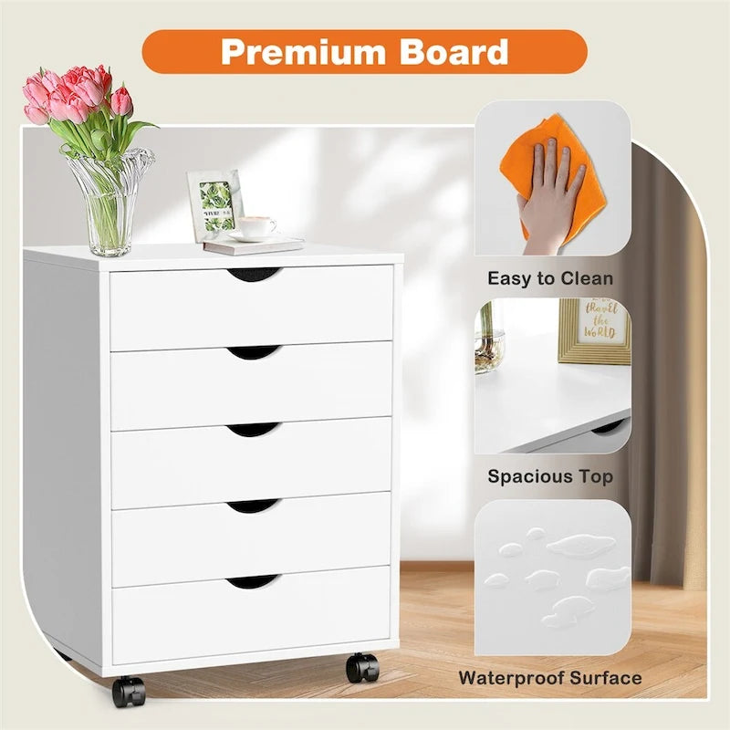 5 Drawer Wood File Cabinet with Wheels and Metal Slides
