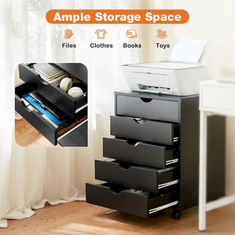 5 Drawer Wood File Cabinet with Wheels and Metal Slides