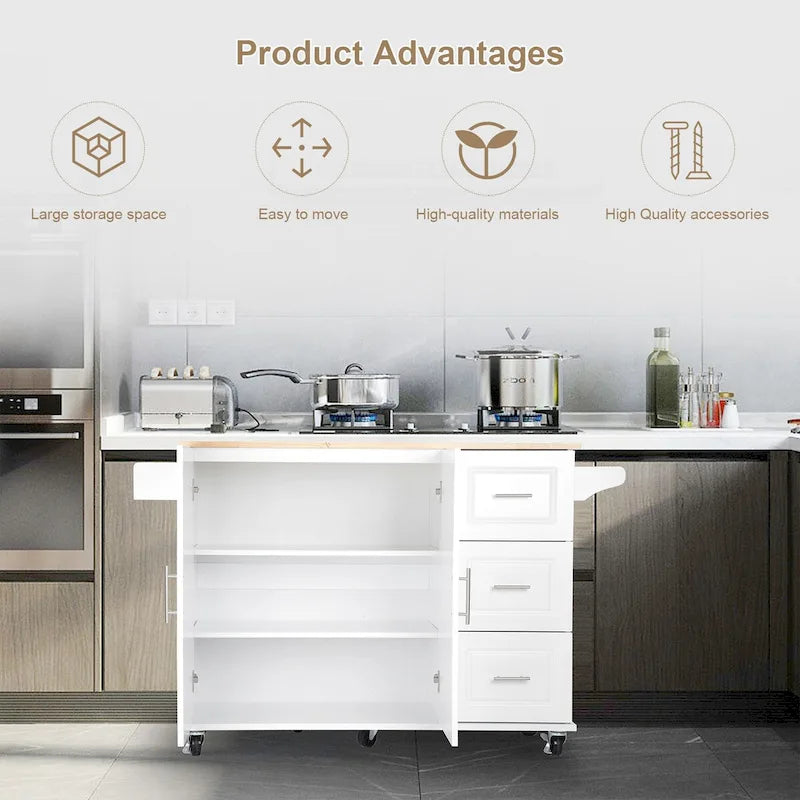 Mobile Kitchen Island & Kitchen Cart,With Extendable Rubber Wood Top and 3 Drawers - 53.93 (L) x 17 (W) x 36.22 (H
