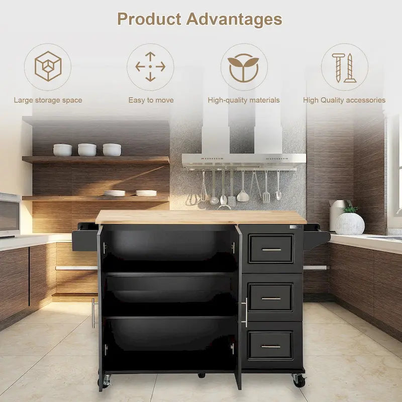 Mobile Kitchen Island & Kitchen Cart,With Extendable Rubber Wood Top and 3 Drawers - 53.93 (L) x 17 (W) x 36.22 (H