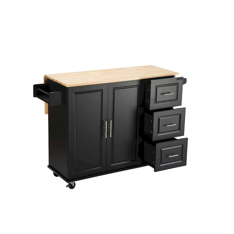 Mobile Kitchen Island & Kitchen Cart,With Extendable Rubber Wood Top and 3 Drawers - 53.93 (L) x 17 (W) x 36.22 (H