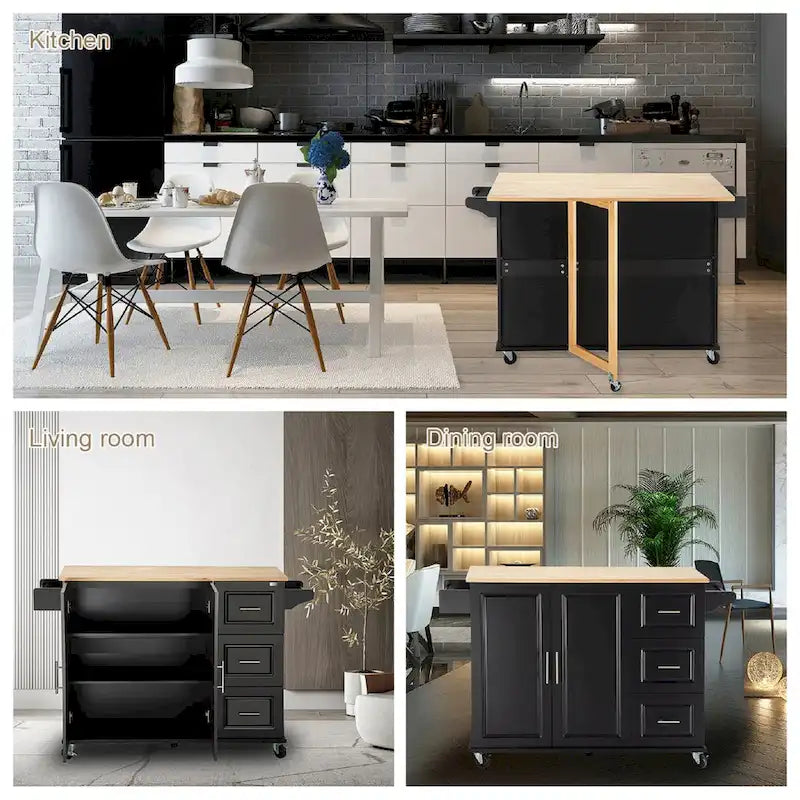 Mobile Kitchen Island & Kitchen Cart,With Extendable Rubber Wood Top and 3 Drawers - 53.93 (L) x 17 (W) x 36.22 (H