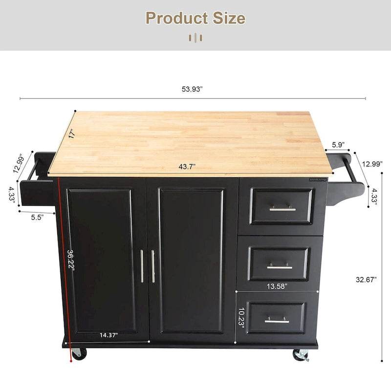 Mobile Kitchen Island & Kitchen Cart,With Extendable Rubber Wood Top and 3 Drawers - 53.93 (L) x 17 (W) x 36.22 (H