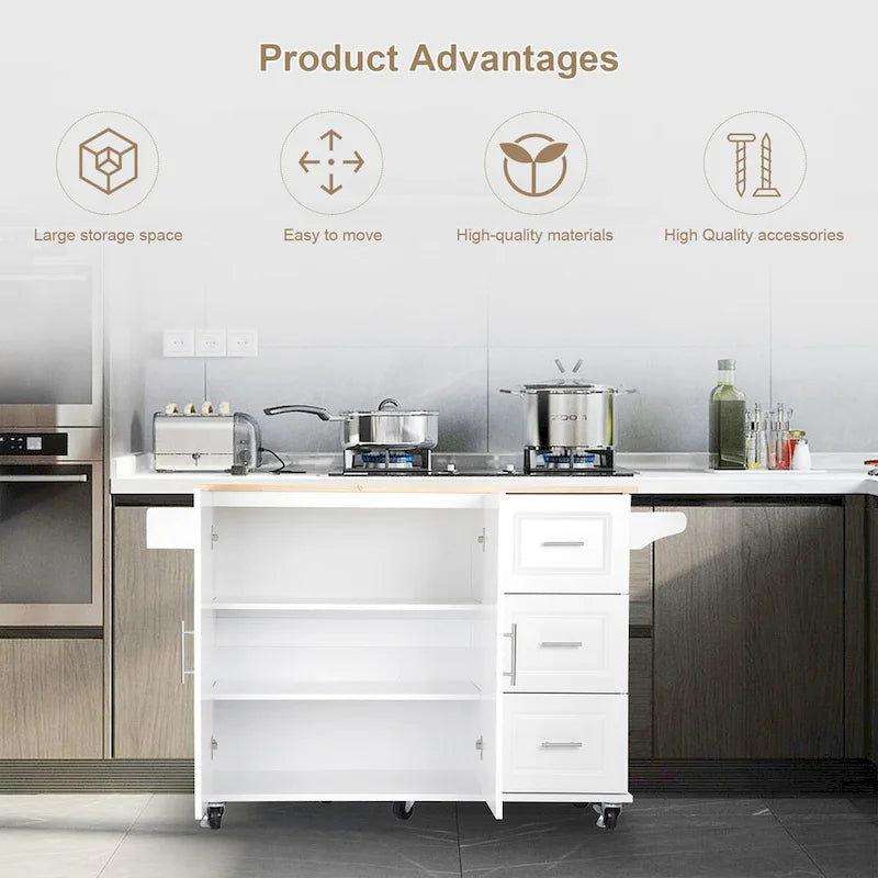 Mobile Kitchen Island & Kitchen Cart,With Extendable Rubber Wood Top and 3 Drawers - 53.93 (L) x 17 (W) x 36.22 (H