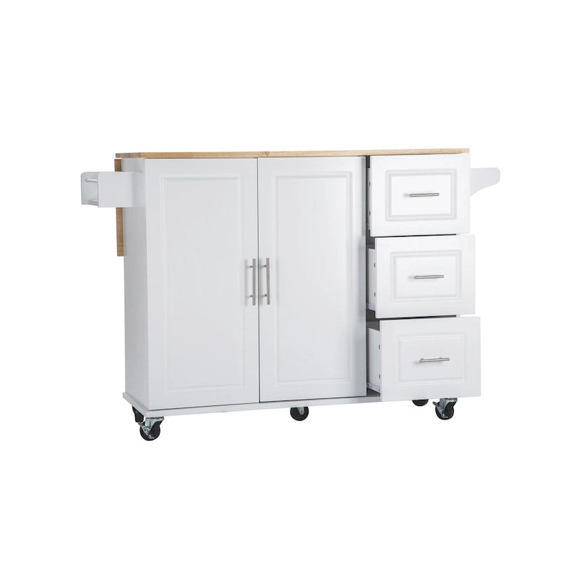 Mobile Kitchen Island & Kitchen Cart,With Extendable Rubber Wood Top and 3 Drawers - 53.93 (L) x 17 (W) x 36.22 (H