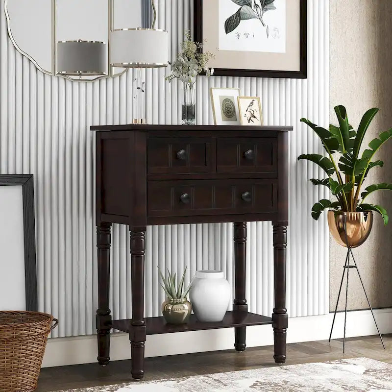 Narrow Slim Esspreso Console Table/Sofa Table with 3 Drawers and 1 Bottom Shelf - 23.7 L x 13 W x 31.1 H