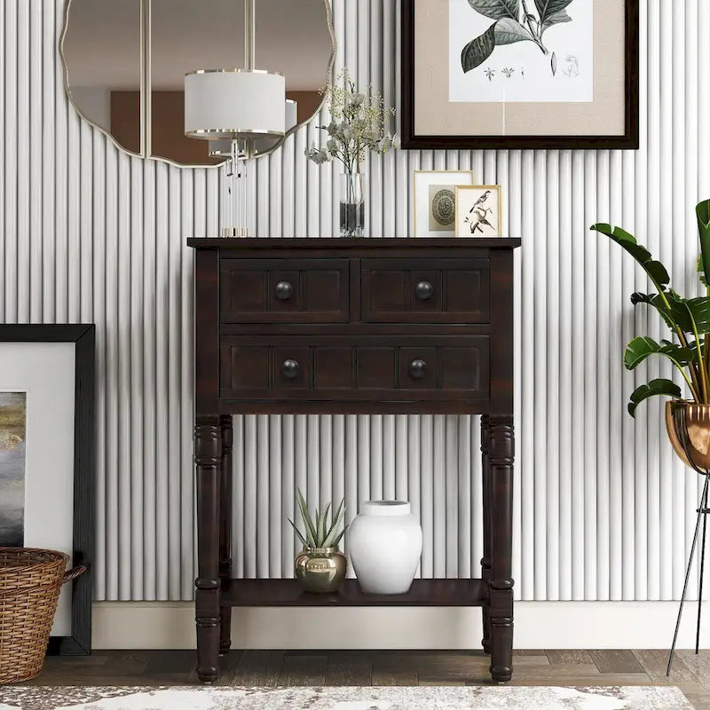 Narrow Slim Esspreso Console Table/Sofa Table with 3 Drawers and 1 Bottom Shelf - 23.7 L x 13 W x 31.1 H