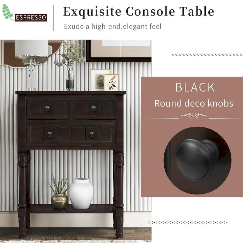 Narrow Slim Esspreso Console Table/Sofa Table with 3 Drawers and 1 Bottom Shelf - 23.7 L x 13 W x 31.1 H