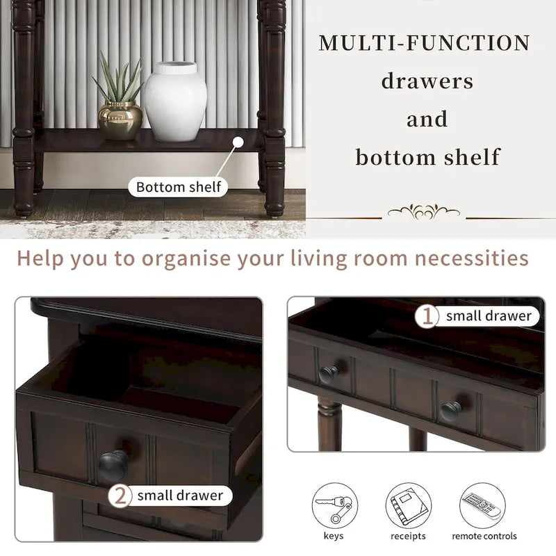 Narrow Slim Esspreso Console Table/Sofa Table with 3 Drawers and 1 Bottom Shelf - 23.7 L x 13 W x 31.1 H