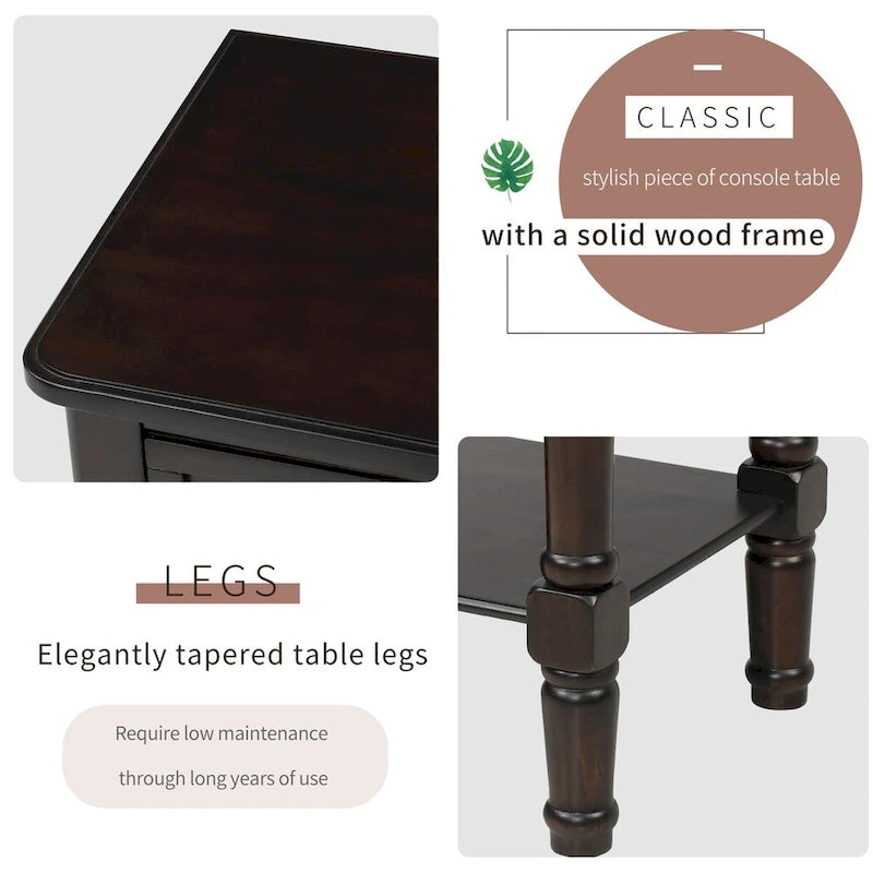 Narrow Slim Esspreso Console Table/Sofa Table with 3 Drawers and 1 Bottom Shelf - 23.7 L x 13 W x 31.1 H
