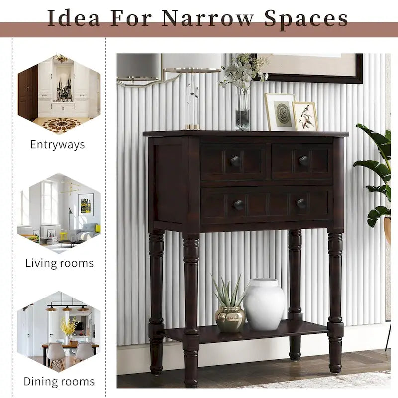Narrow Slim Esspreso Console Table/Sofa Table with 3 Drawers and 1 Bottom Shelf - 23.7 L x 13 W x 31.1 H