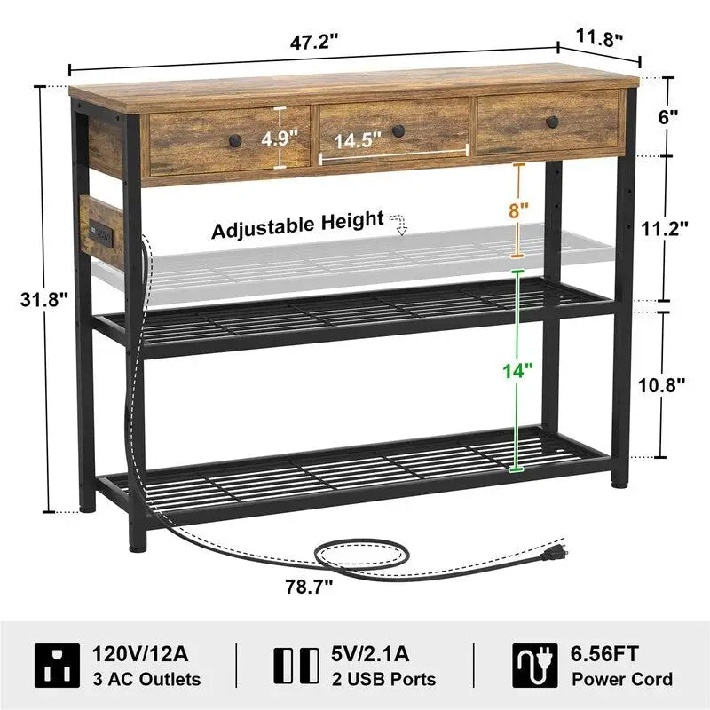 47  Entryway Table with Outlets and USB Ports - 11.8 D x 47.2 W x 31.8 H