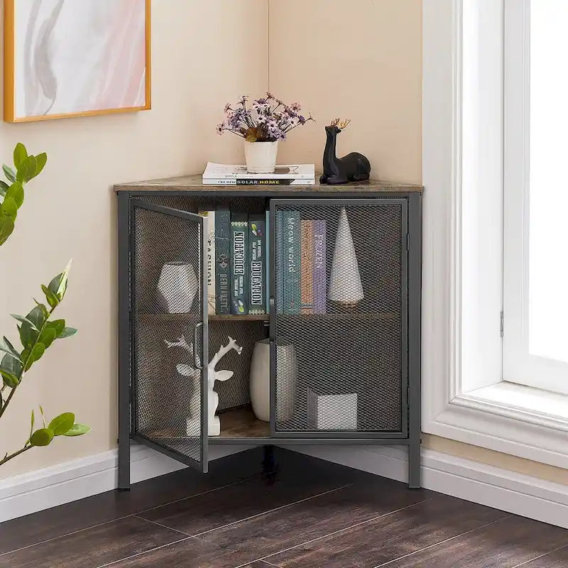 Javlergo Corner Table Modern Triangle 3-tier Storage Shelf with 2 Doors for Living Room Bedroom Office