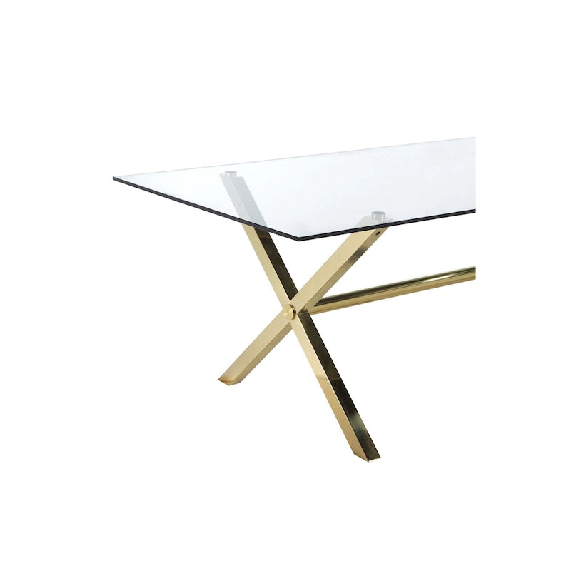 Tia 79 Inch Dining Table, Rectangular Tempered Glass Top, Gold, Clear
