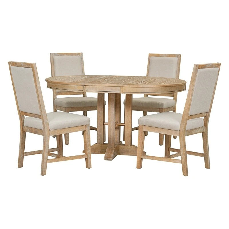 5-Piece Dining Set Extendable Round Table and 4 Upholstered Chairs Farmhouse Dining Set for Kitchen, Dining Room