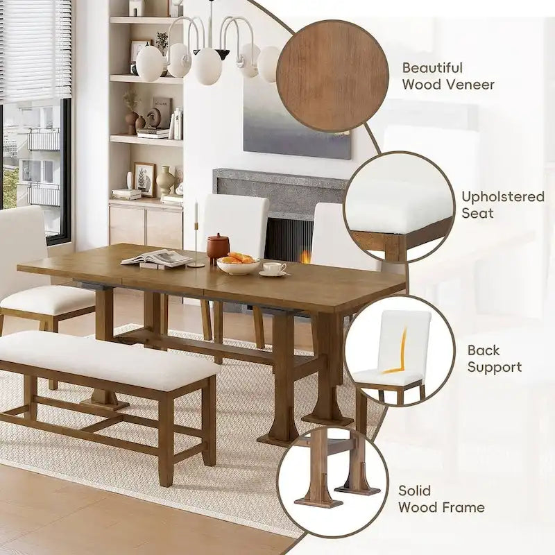Farmhouse 6 PCS Extending Dining Table Set for 6 with Shelf Base