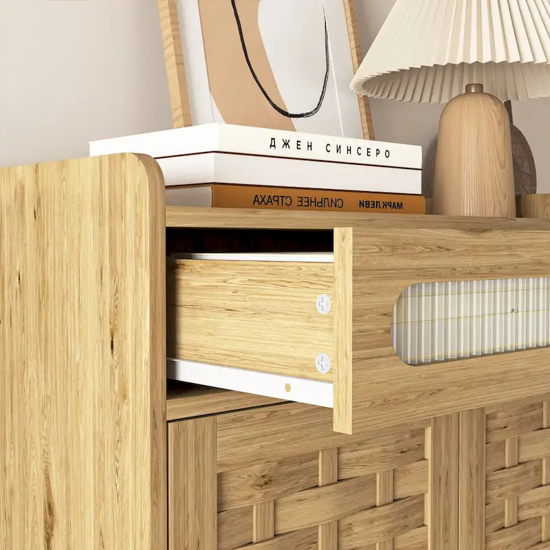 Coffee Bar Cabinet, Modern Farmhouse Buffet Sideboard with Drawer and Adjustable Shelf, Barn Door Storage Cabinet for Kitchen