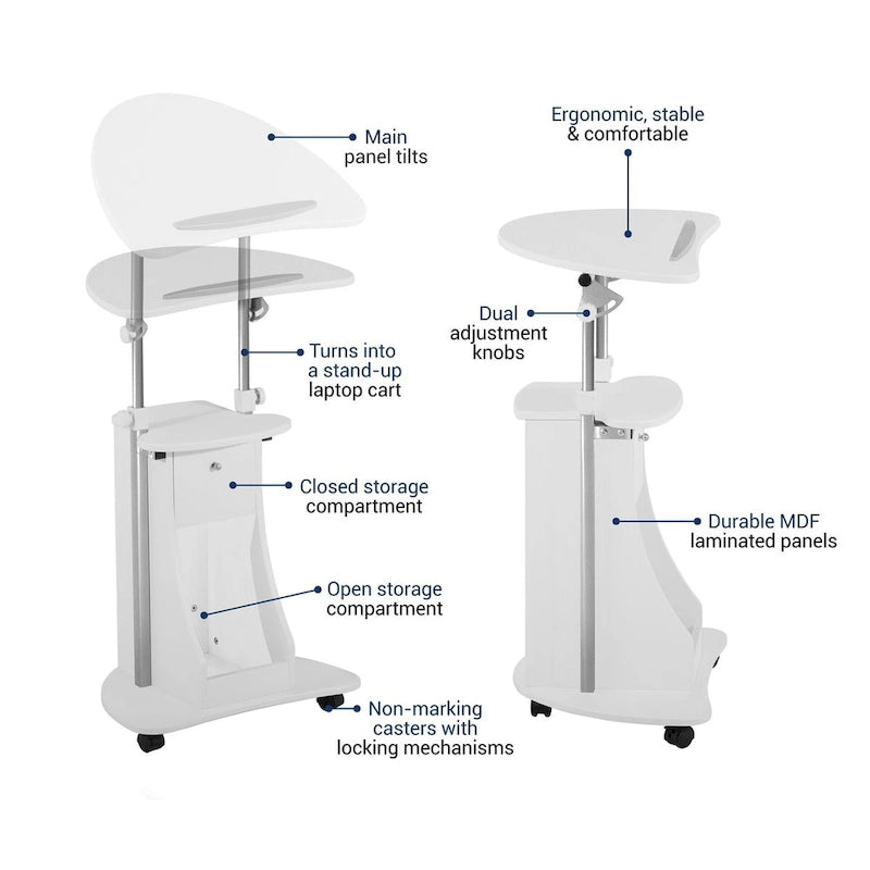 White Sit-to-Stand Adjustable Rolling Laptop Cart with Storage