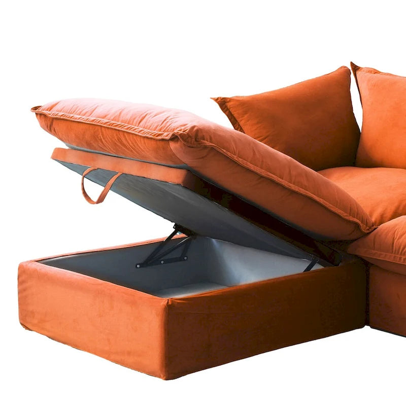 U-shaped Velvet Cloud Sectional Sofa, Down Feather Wide Deep Seat Convertible Couch with 2 Storage Ottomans.