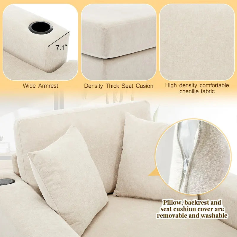 43.5  Chenille Fabric Chaise Lounger Sofa Couch with Pillows, Charge Station & Cup Holders