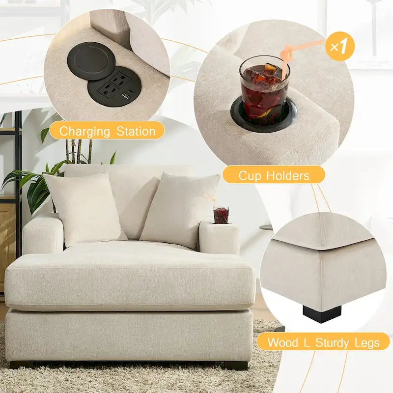 43.5  Chenille Fabric Chaise Lounger Sofa Couch with Pillows, Charge Station & Cup Holders