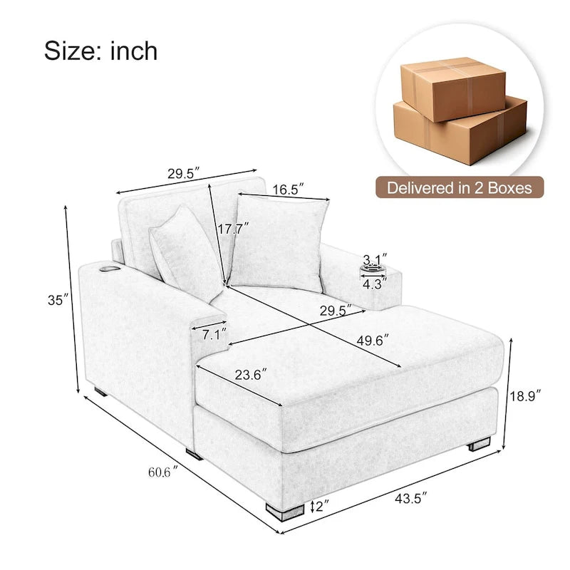 43.5  Chenille Fabric Chaise Lounger Sofa Couch with Pillows, Charge Station & Cup Holders