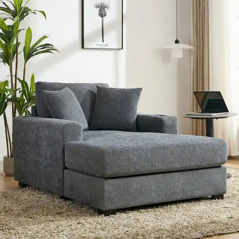 43.5  Chenille Fabric Chaise Lounger Sofa Couch with Pillows, Charge Station & Cup Holders