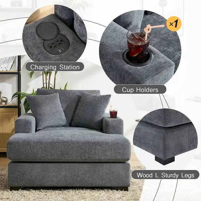 43.5  Chenille Fabric Chaise Lounger Sofa Couch with Pillows, Charge Station & Cup Holders