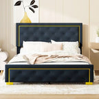 Queen Size Upholstered Platform Bed With Pull Point Headboard