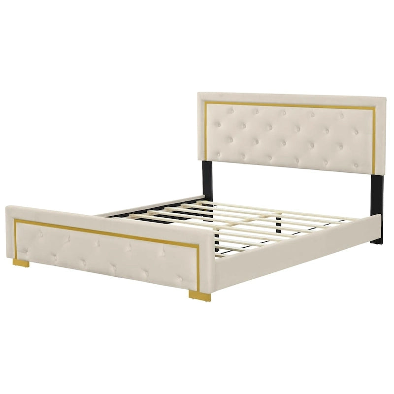 Queen Size Upholstered Platform Bed With Pull Point Headboard
